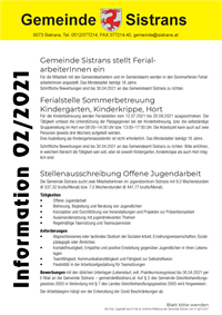 Rundschreiben 02/2021 - Stellenausschreibung Ferienbetreuung, Hort, Dorfputz, ChorArt Sistrans